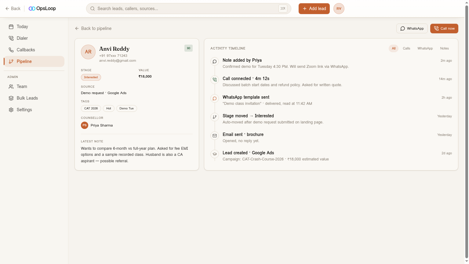 OpsLoop lead detail view with the WhatsApp thread, call log and next action on one screen